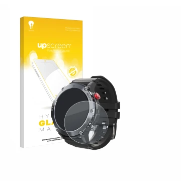 Vorderseite einer Produktverpackung mit dem Markenlogo upscreen. Daneben ist das Gerät Darmowade Smartwatch 1.32