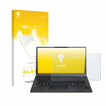 Vorderseite einer Produktverpackung mit dem Markenlogo upscreen. Daneben ist das Gerät Fujitsu Lifebook U9312 mit dem zugehöri