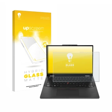 Vorderseite einer Produktverpackung mit dem Markenlogo upscreen. Daneben ist das Gerät Lenovo ThinkPad X13 2-in-1 Gen 5 mit de