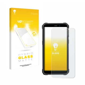 Vorderseite einer Produktverpackung mit dem Markenlogo upscreen. Daneben ist das Gerät Oukitel WP32 mit dem zugehörigen Displa