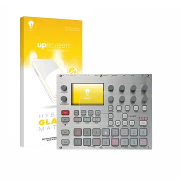 Vorderseite einer Produktverpackung mit dem Markenlogo upscreen. Daneben ist das Gerät Elektron Syntakt E25 Remix Edition mit 