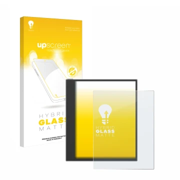 Vorderseite einer Produktverpackung mit dem Markenlogo upscreen. Daneben ist das Gerät PocketBook InkPad Eo (2024) mit dem zug