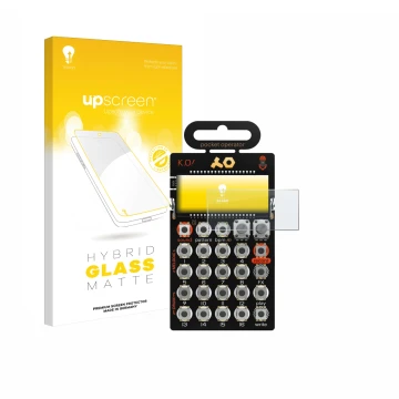Vorderseite einer Produktverpackung mit dem Markenlogo upscreen. Daneben ist das Gerät Teenage Engineering PO-33 K.O! mit dem 