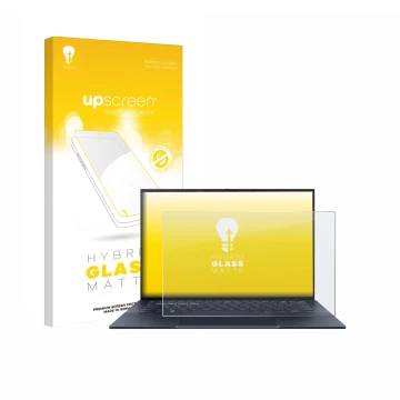 Vorderseite einer Produktverpackung mit dem Markenlogo upscreen. Daneben ist das Gerät ASUS ExpertBook B9 B9403 mit dem zugehö