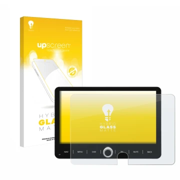 Vorderseite einer Produktverpackung mit dem Markenlogo upscreen. Daneben ist das Gerät Dynavin D9-T5TP mit dem zugehörigen Dis