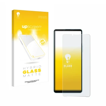 Vorderseite einer Produktverpackung mit dem Markenlogo upscreen. Daneben ist das Gerät Sony Xperia 10 VI mit dem zugehörigen D