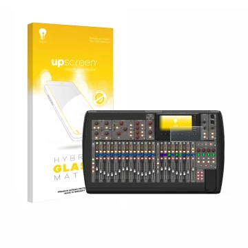 Vorderseite einer Produktverpackung mit dem Markenlogo upscreen. Daneben ist das Gerät Behringer X32 mit dem zugehörigen Displ