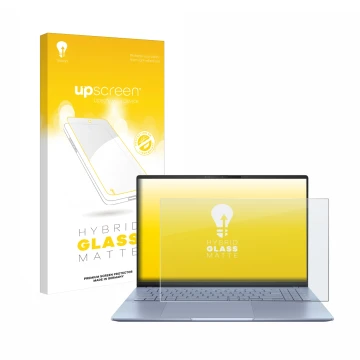 Vorderseite einer Produktverpackung mit dem Markenlogo upscreen. Daneben ist das Gerät ASUS Vivobook S16 OLED S5606 mit dem zu