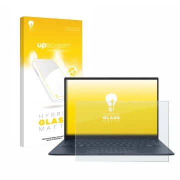 Vorderseite einer Produktverpackung mit dem Markenlogo upscreen. Daneben ist das Gerät ASUS ZenBook 14 OLED UX3405 Touch mit d