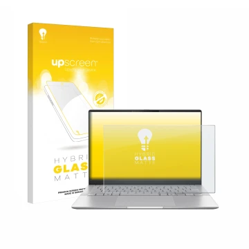 Vorderseite einer Produktverpackung mit dem Markenlogo upscreen. Daneben ist das Gerät ASUS Vivobook S 14 OLED M5406 mit dem z