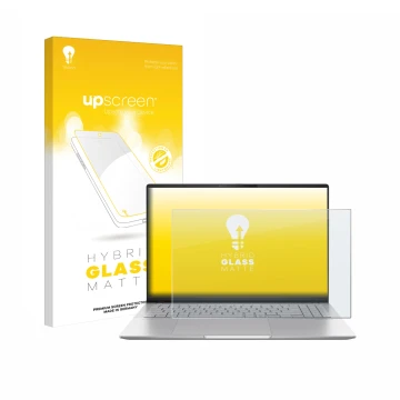 Vorderseite einer Produktverpackung mit dem Markenlogo upscreen. Daneben ist das Gerät ASUS Vivobook S16 OLED M5606 mit dem zu