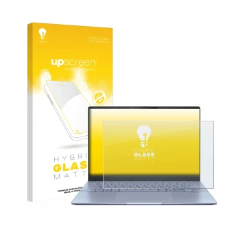 Vorderseite einer Produktverpackung mit dem Markenlogo upscreen. Daneben ist das Gerät ASUS Vivobook S 14 OLED S5406 mit dem z