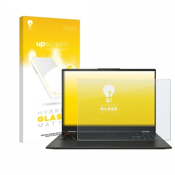 Vorderseite einer Produktverpackung mit dem Markenlogo upscreen. Daneben ist das Gerät ASUS Vivobook S 16 Flip TN3604 mit dem 