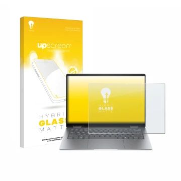 Vorderseite einer Produktverpackung mit dem Markenlogo upscreen. Daneben ist das Gerät HP Envy x360 14 2-in-1 mit dem zugehöri