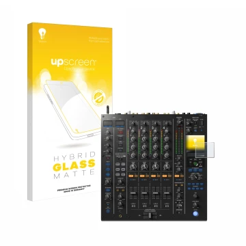 Vorderseite einer Produktverpackung mit dem Markenlogo upscreen. Daneben ist das Gerät Pioneer DJM A9 mit dem zugehörigen Disp