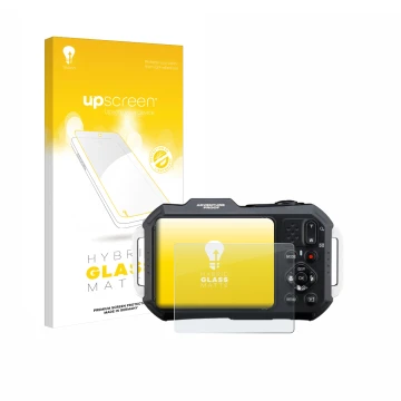 Vorderseite einer Produktverpackung mit dem Markenlogo upscreen. Daneben ist das Gerät Ricoh Pentax WG-1000 mit dem zugehörige