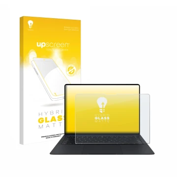 Vorderseite einer Produktverpackung mit dem Markenlogo upscreen. Daneben ist das Gerät Huawei MateBook X Pro 2024 mit dem zuge