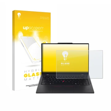 Vorderseite einer Produktverpackung mit dem Markenlogo upscreen. Daneben ist das Gerät Lenovo ThinkPad T14s Gen 6 mit dem zuge