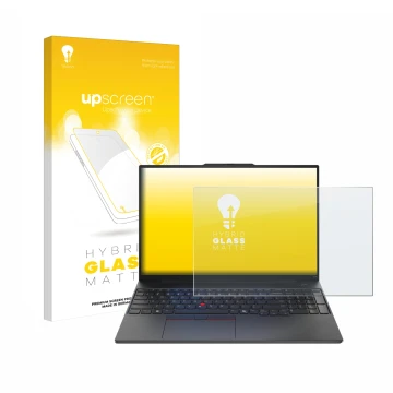 Vorderseite einer Produktverpackung mit dem Markenlogo upscreen. Daneben ist das Gerät Lenovo ThinkPad E16 Gen 2 mit dem zugeh