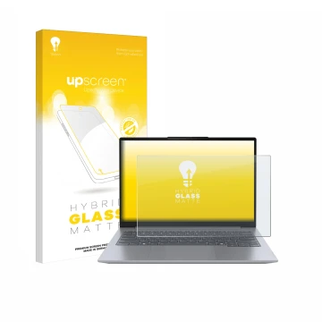 Vorderseite einer Produktverpackung mit dem Markenlogo upscreen. Daneben ist das Gerät Lenovo ThinkBook 14 Gen 7 mit dem zugeh