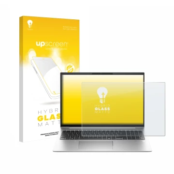 Vorderseite einer Produktverpackung mit dem Markenlogo upscreen. Daneben ist das Gerät HP EliteBook 845 G11 mit dem zugehörige