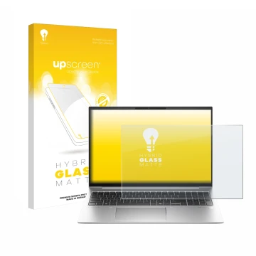 Vorderseite einer Produktverpackung mit dem Markenlogo upscreen. Daneben ist das Gerät HP EliteBook 860 G11 mit dem zugehörige