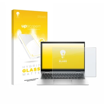 Vorderseite einer Produktverpackung mit dem Markenlogo upscreen. Daneben ist das Gerät HP Elite x360 830 G11 2-in-1 mit dem zu