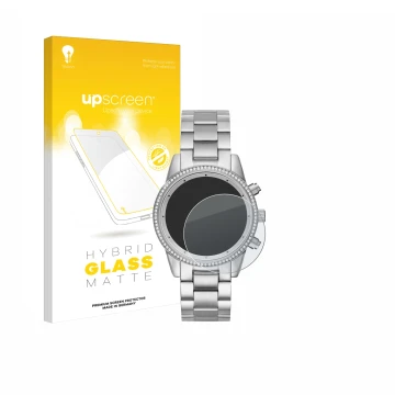 Vorderseite einer Produktverpackung mit dem Markenlogo upscreen. Daneben ist das Gerät Michael Kors Ritz MK6428 mit dem zugehö