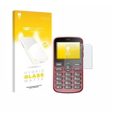 Vorderseite einer Produktverpackung mit dem Markenlogo upscreen. Daneben ist das Gerät Doro 1880 mit dem zugehörigen Displaysc