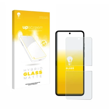 Vorderseite einer Produktverpackung mit dem Markenlogo upscreen. Daneben ist das Gerät Motorola Razr 50 mit dem zugehörigen Di