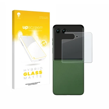 Vorderseite einer Produktverpackung mit dem Markenlogo upscreen. Daneben ist das Gerät Motorola Razr 50 (Hinteres Display) mit