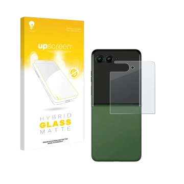 Vorderseite einer Produktverpackung mit dem Markenlogo upscreen. Daneben ist das Gerät Motorola Razr 50 Ultra (Hinteres Displa