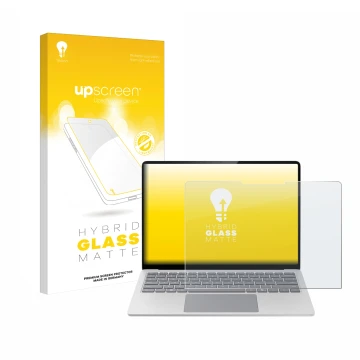 Vorderseite einer Produktverpackung mit dem Markenlogo upscreen. Daneben ist das Gerät Microsoft Surface Laptop 7 13.8