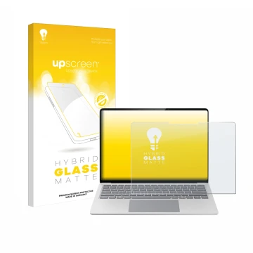 Vorderseite einer Produktverpackung mit dem Markenlogo upscreen. Daneben ist das Gerät Microsoft Surface Laptop 7 15