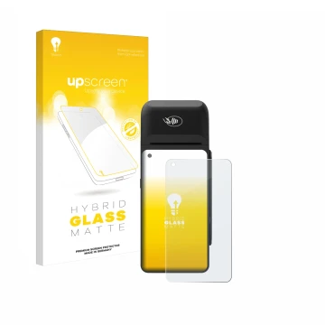 Vorderseite einer Produktverpackung mit dem Markenlogo upscreen. Daneben ist das Gerät Verifone T650c mit dem zugehörigen Disp