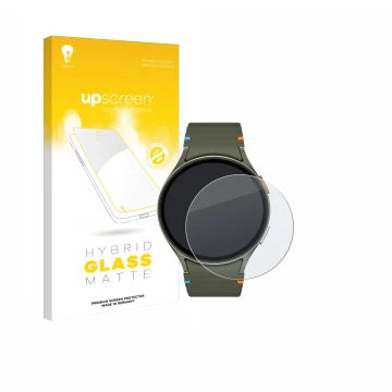Vorderseite einer Produktverpackung mit dem Markenlogo upscreen. Daneben ist das Gerät Samsung Galaxy Watch 7 (44 mm) mit dem 