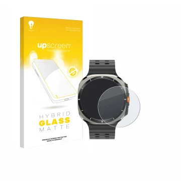 Vorderseite einer Produktverpackung mit dem Markenlogo upscreen. Daneben ist das Gerät Samsung Galaxy Watch Ultra (47 mm) mit 