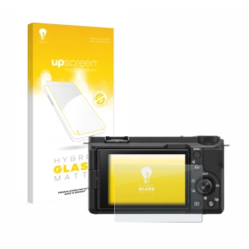 Vorderseite einer Produktverpackung mit dem Markenlogo upscreen. Daneben ist das Gerät Sony Alpha ZV-E10 II mit dem zugehörige