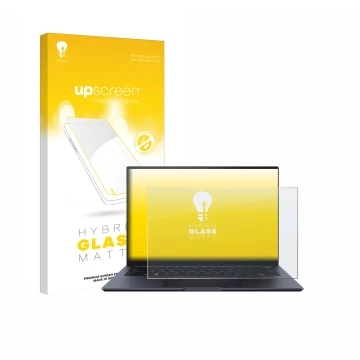 Vorderseite einer Produktverpackung mit dem Markenlogo upscreen. Daneben ist das Gerät ASUS ZenBook Pro 14 UX6404V mit dem zug