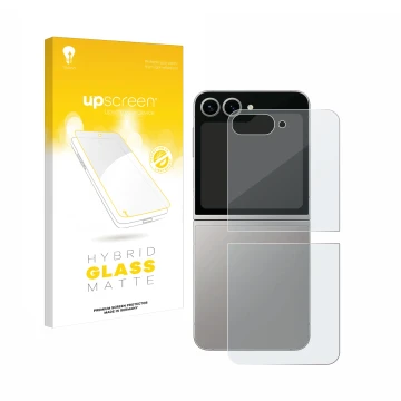 Vorderseite einer Produktverpackung mit dem Markenlogo upscreen. Daneben ist das Gerät Samsung Galaxy Z Flip 6 (Rückseite) mit