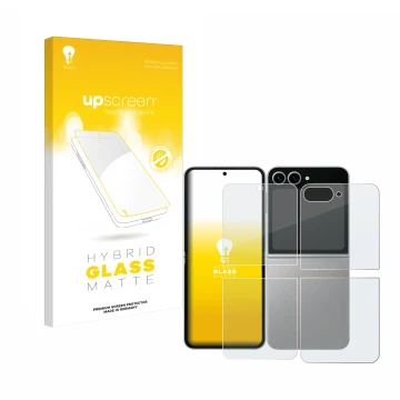 Vorderseite einer Produktverpackung mit dem Markenlogo upscreen. Daneben ist das Gerät Samsung Galaxy Z Flip 6 (Display+Rückse