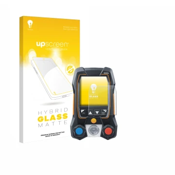 Vorderseite einer Produktverpackung mit dem Markenlogo upscreen. Daneben ist das Gerät Testo 550s mit dem zugehörigen Displays