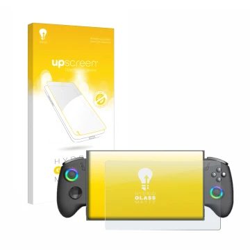 Vorderseite einer Produktverpackung mit dem Markenlogo upscreen. Daneben ist das Gerät OneXPlayer X1 Mini mit dem zugehörigen 