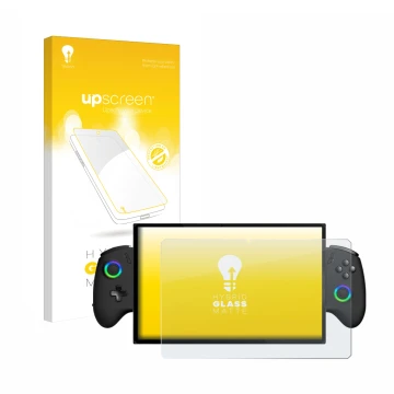 Vorderseite einer Produktverpackung mit dem Markenlogo upscreen. Daneben ist das Gerät OneXPlayer X1 mit dem zugehörigen Displ