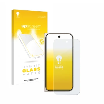 Vorderseite einer Produktverpackung mit dem Markenlogo upscreen. Daneben ist das Gerät Google Pixel 9 Pro Fold mit dem zugehör