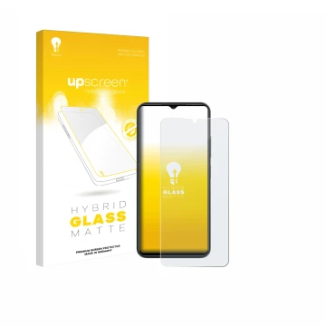 Vorderseite einer Produktverpackung mit dem Markenlogo upscreen. Daneben ist das Gerät ZTE Blade A54 mit dem zugehörigen Displ