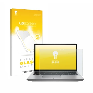 Vorderseite einer Produktverpackung mit dem Markenlogo upscreen. Daneben ist das Gerät HP ZBook Fury 16 G11 mit dem zugehörige