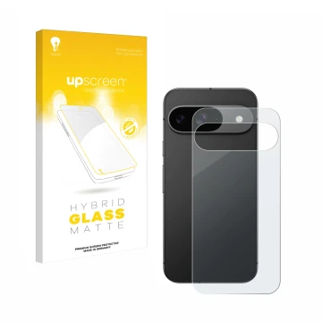 Vorderseite einer Produktverpackung mit dem Markenlogo upscreen. Daneben ist das Gerät Google Pixel 9 (Rückseite) mit dem zuge