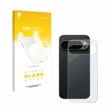 Vorderseite einer Produktverpackung mit dem Markenlogo upscreen. Daneben ist das Gerät Google Pixel 9 Pro (Rückseite) mit dem 