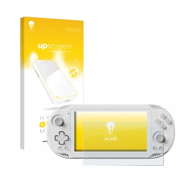 Vorderseite einer Produktverpackung mit dem Markenlogo upscreen. Daneben ist das Gerät AYN Odin 2 Mini mit dem zugehörigen Dis